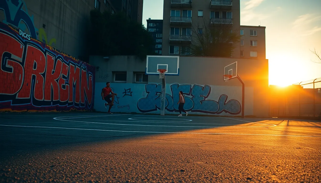 An urban basketball court basking in the warm glow of sunset, surrounded by vibrant graffiti art. The saturated colors create an energetic atmosphere, while the Dutch angle composition adds a sense of movement and excitement. Viewers can appreciate the detailed textures of the asphalt court and the striking mural, a perfect reflection of the street basketball culture. This scene captures the creativity and spirit of the game in an urban setting.