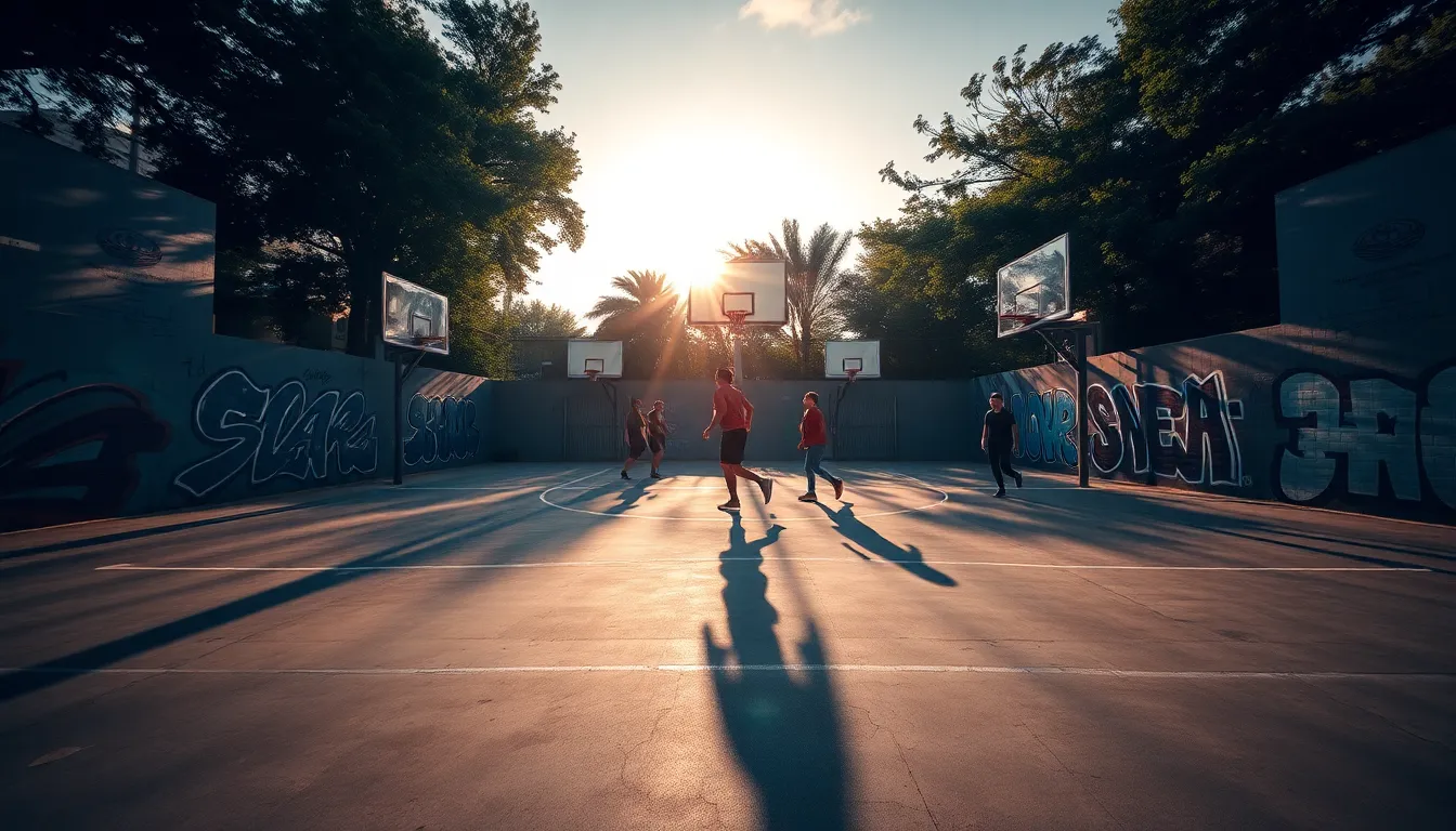 A vibrant street basketball court captured during sunset, showcasing players in motion against a backdrop of colorful graffiti. Dappled sunlight filters through surrounding trees, casting dramatic shadows and warm glow on the scene. The hyperfocal distance ensures both the players and art-filled walls are sharply focused, while the desaturated earth colors enhance the urban ambiance. This image encapsulates the spirit of community basketball.
