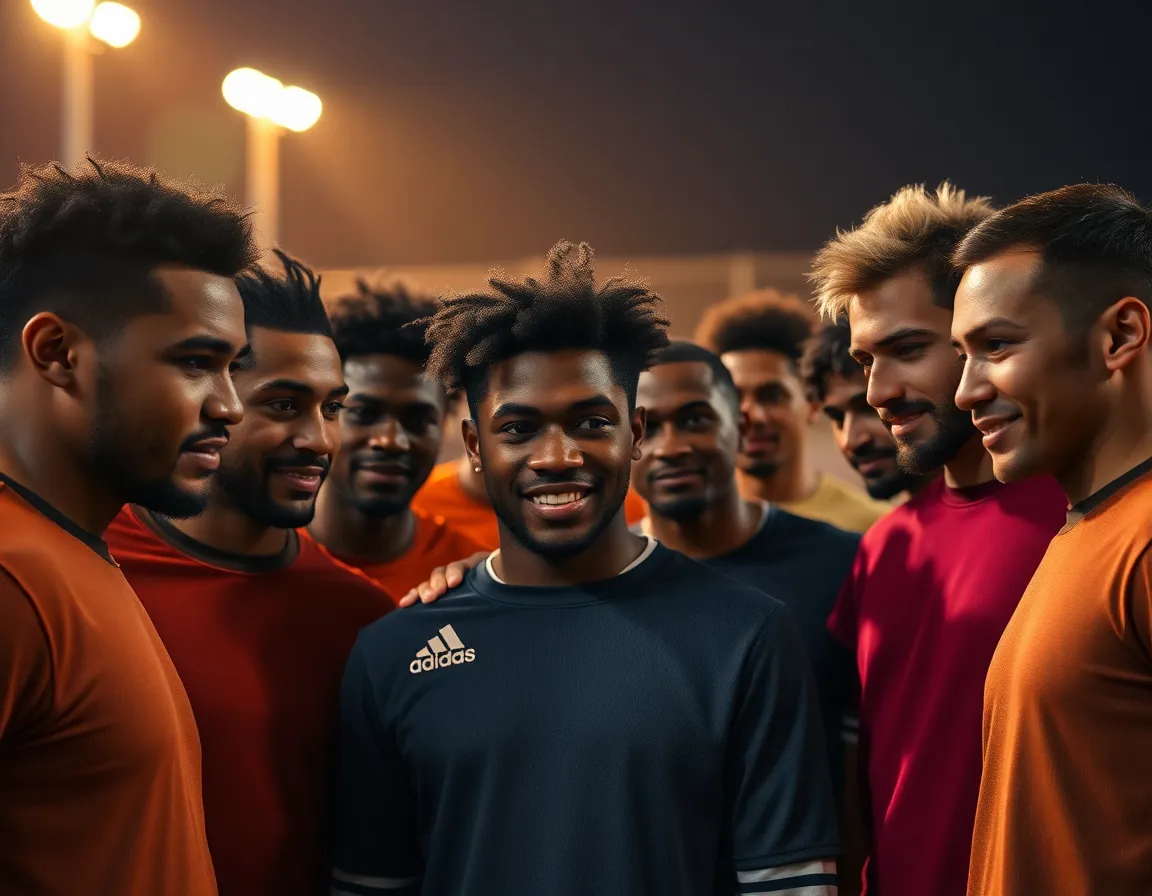 This engaging image captures a diverse group of basketball players deep in discussion during a team strategy session. The warm lighting from floodlights creates a cozy atmosphere, enveloping the players in a sense of unity and focus. With each player's expression clearly visible, the shallow depth of field enhances their emotional investment in the game. The rich earth tones of the jerseys and environment further contribute to the vibrant feel of the scene.