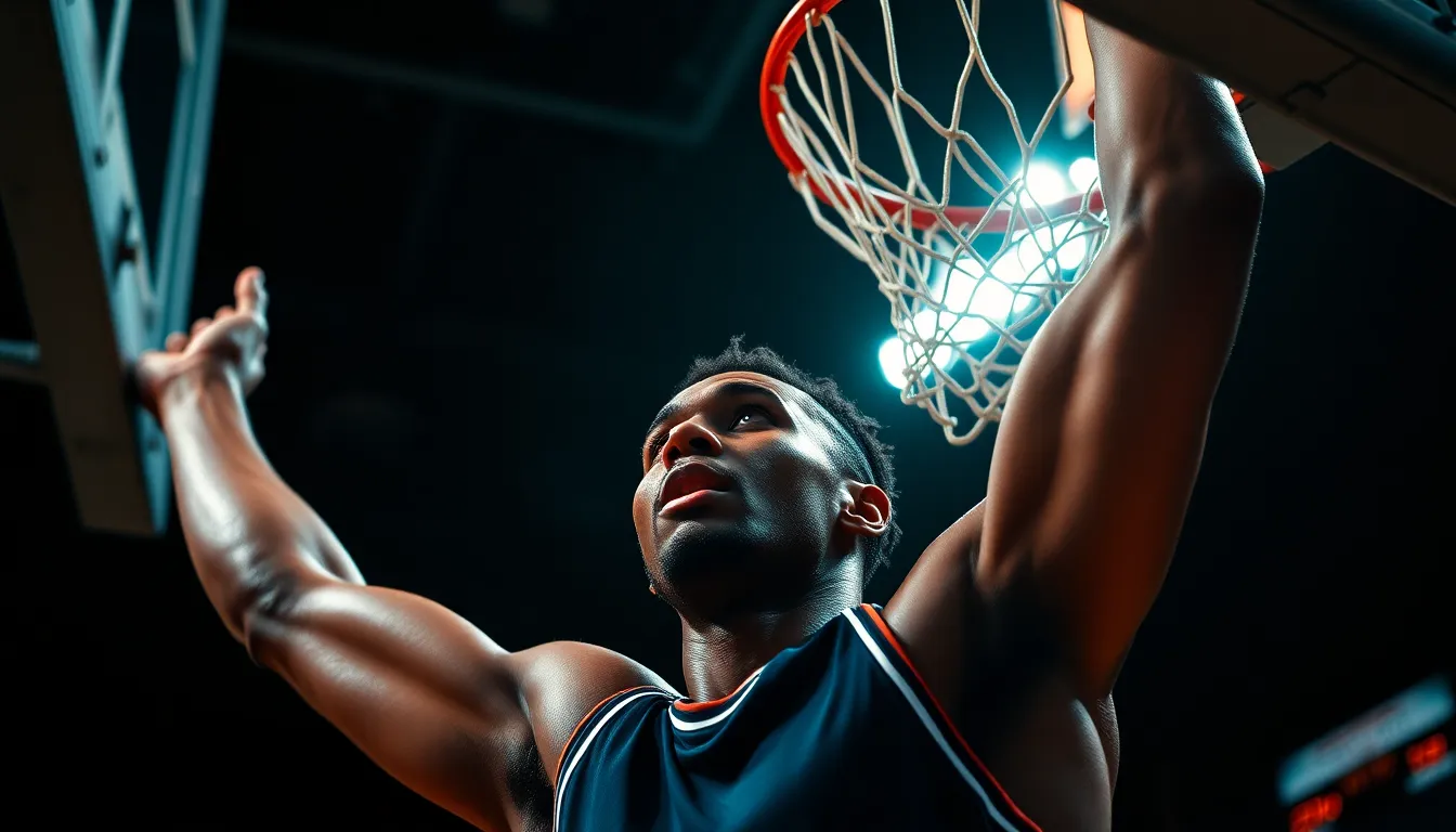 This dynamic shot captures a basketball player mid-dunk, illuminated by dramatic rim lighting against a stark dark background. The athlete's powerful movement is emphasized by the Dutch angle composition, adding excitement to the scene. The teal and orange color grading infuses an energetic vibe, while glistening sweat on the player's skin showcases the intensity of the moment. This image exemplifies the thrill and dynamism of basketball.