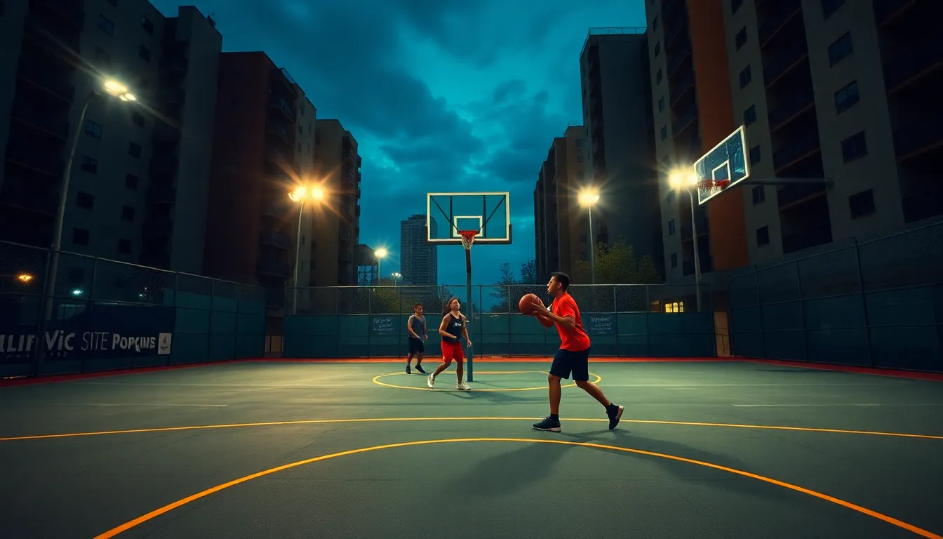 This image captures the raw intensity of a basketball game, viewed from the upper stands. Players are engaged in fierce competition, while the evenly diffused overcast daylight ensures all details, from players’ uniforms to cheering fans, are in focus. The natural muted tones create an earthy palette that conveys the gym's atmosphere. Leading lines through the composition guide the viewer's eye towards the unfolding action.