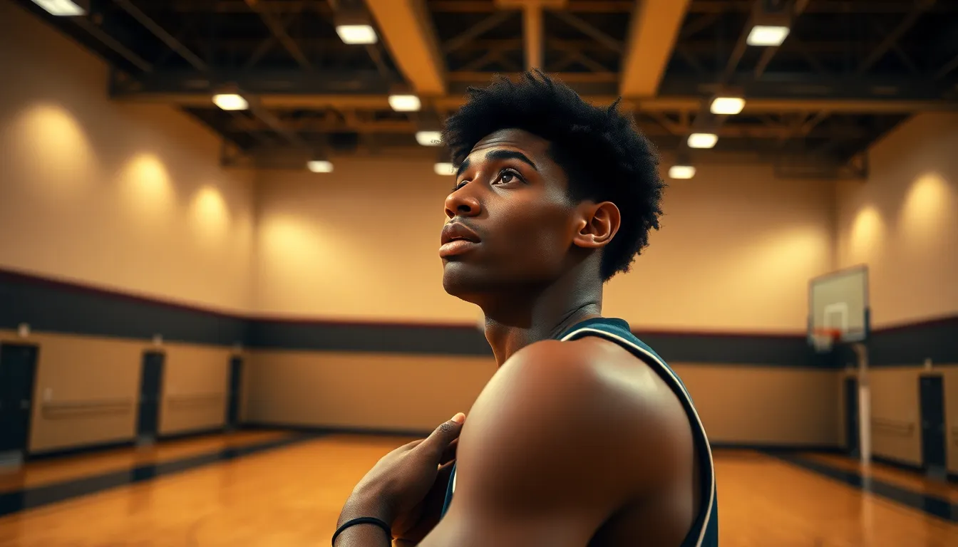 An intense moment captured in an indoor gym where a player is poised to take a free throw. The warm tungsten lighting casts inviting tones on the hardwood floor, creating an ambiance of concentration and focus. The player's expression reflects determination, perfectly framed in the rule of thirds. The depth of field isolates the subject beautifully, while the grain of the floor adds an authentic touch to the robust gym environment.