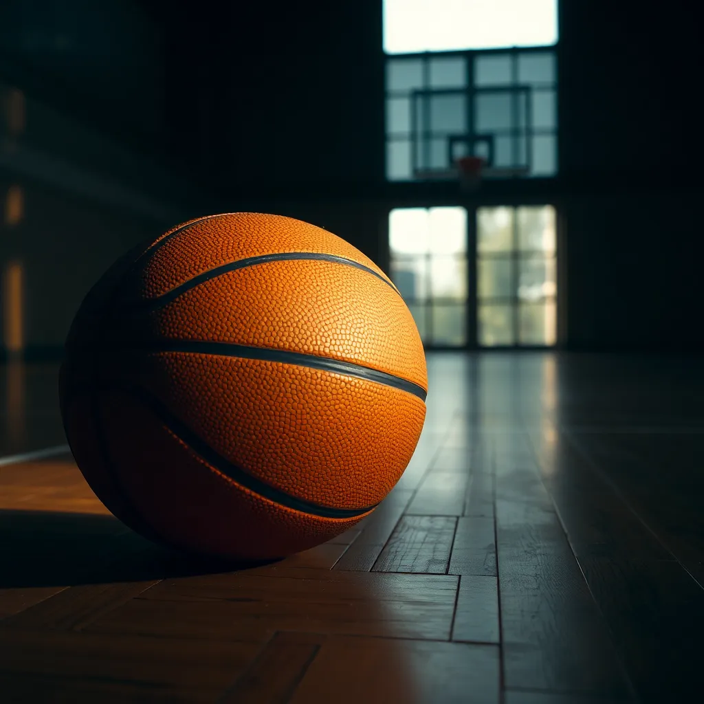 This intimate close-up image showcases a basketball resting on a beautifully textured wooden court floor. The soft natural light creates a serene atmosphere, emphasizing the rich, warm tones of the wood and the bright orange of the ball. Delicate shadows and highlights reveal the basketball's surface detail, while the background remains softly out of focus, creating a peaceful yet engaging scene. Dust particles dancing in the light enhance the tactile quality of the court, inviting the viewer to appreciate the sport's essence.