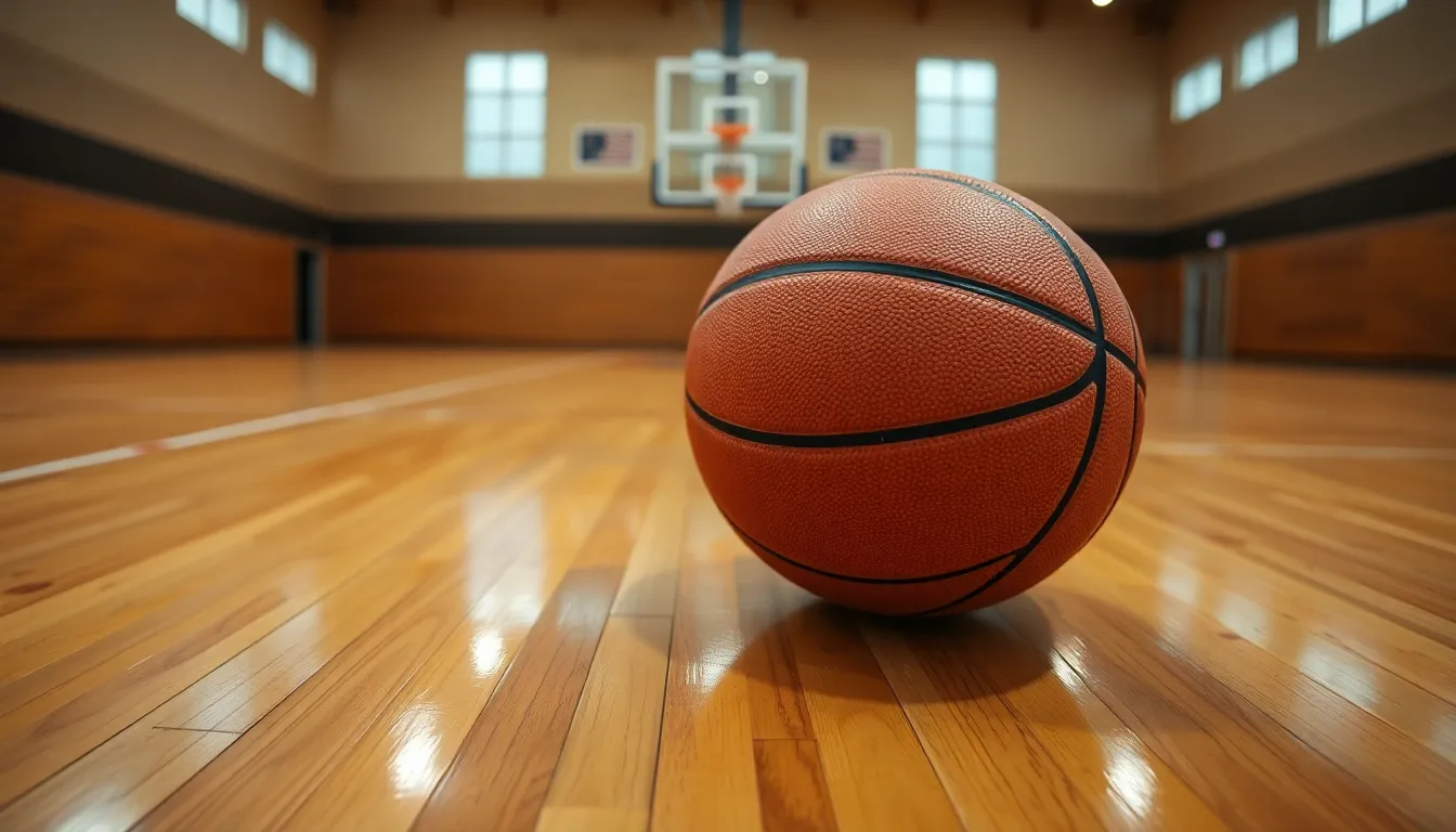 Basketball on Polished Court Surface This captivating macro image showcases a basketball resting on a polished wooden court, highlighting the rich textures and details of both the ball and the surface. Bright gym lights create reflective highlights, enhancing the warm color palette inspired by Kodak Portra 400. The scene's hyperfocal depth of field ensures every detail pops, pulling the viewer in with a sense of energy and anticipation as if a game is about to unfold.