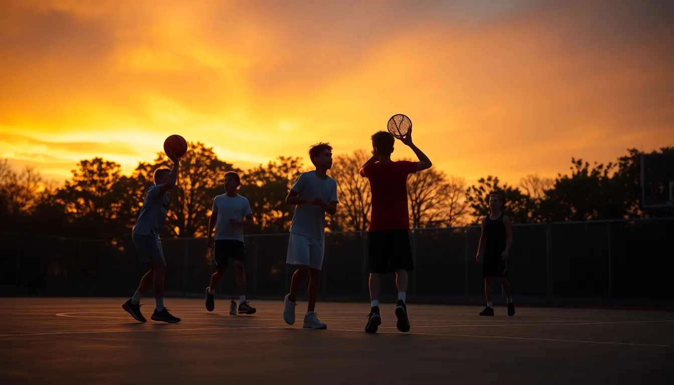 This captivating image shows young basketball players honing their skills on an outdoor court during a stunning sunset. The warm, golden light creates beautiful silhouettes against the colorful sky, capturing a moment of dedication and camaraderie. The composition's leading lines guide the viewer's eye to the action, while the soft depth of field adds depth to the scene. The natural muted tones evoke a sense of nostalgia, celebrating the joy of youth and sport.