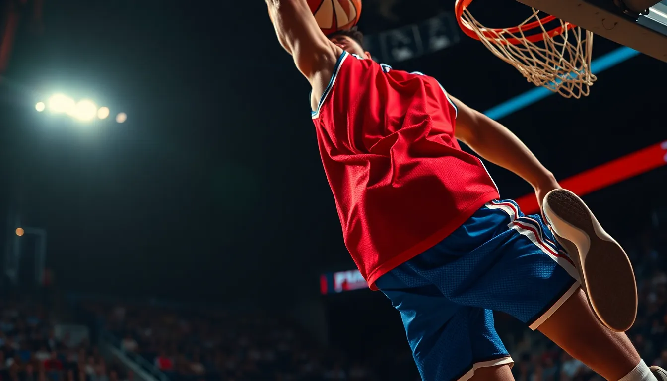 Dynamic Basketball Slam Dunk Action This exhilarating image captures a basketball player soaring through the air for a spectacular slam dunk. The dramatic studio lighting highlights the athleticism, with the blurred crowd emphasizing the excitement of the moment. Vivid reds and blues contrast against a dark backdrop, creating an intense atmosphere. The player's jersey showcases intricate mesh details, and sweat glistens under the lights, making it a striking representation of sports action.