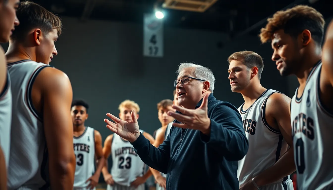 This dynamic image captures a basketball coach passionately motivating their team during a timeout. Harsh studio lighting accentuates the emotional expressions of both the coach and the players, creating a sense of urgency and determination. The composition effectively uses leading lines to draw the viewer's eye toward the animated gestures of the coach. The natural skin tones and focused highlights highlight the intensity of the moment, encapsulating the essence of teamwork and strategy.