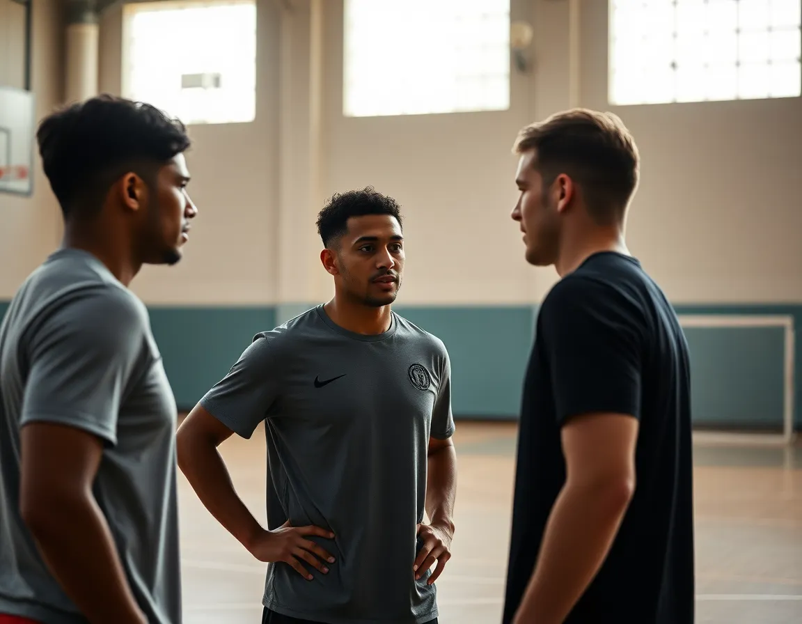 An idyllic outdoor basketball court bathed in soft morning light, situated amidst nature. The scene captures a weathered wooden backboard framed by vibrant greenery, embodying tranquility. The desaturated earth tones evoke a peaceful mood, inviting players to enjoy the serene setting. A close inspection reveals the texture of the basketball, revealing years of play and character, while dust particles dance in the gentle light.
