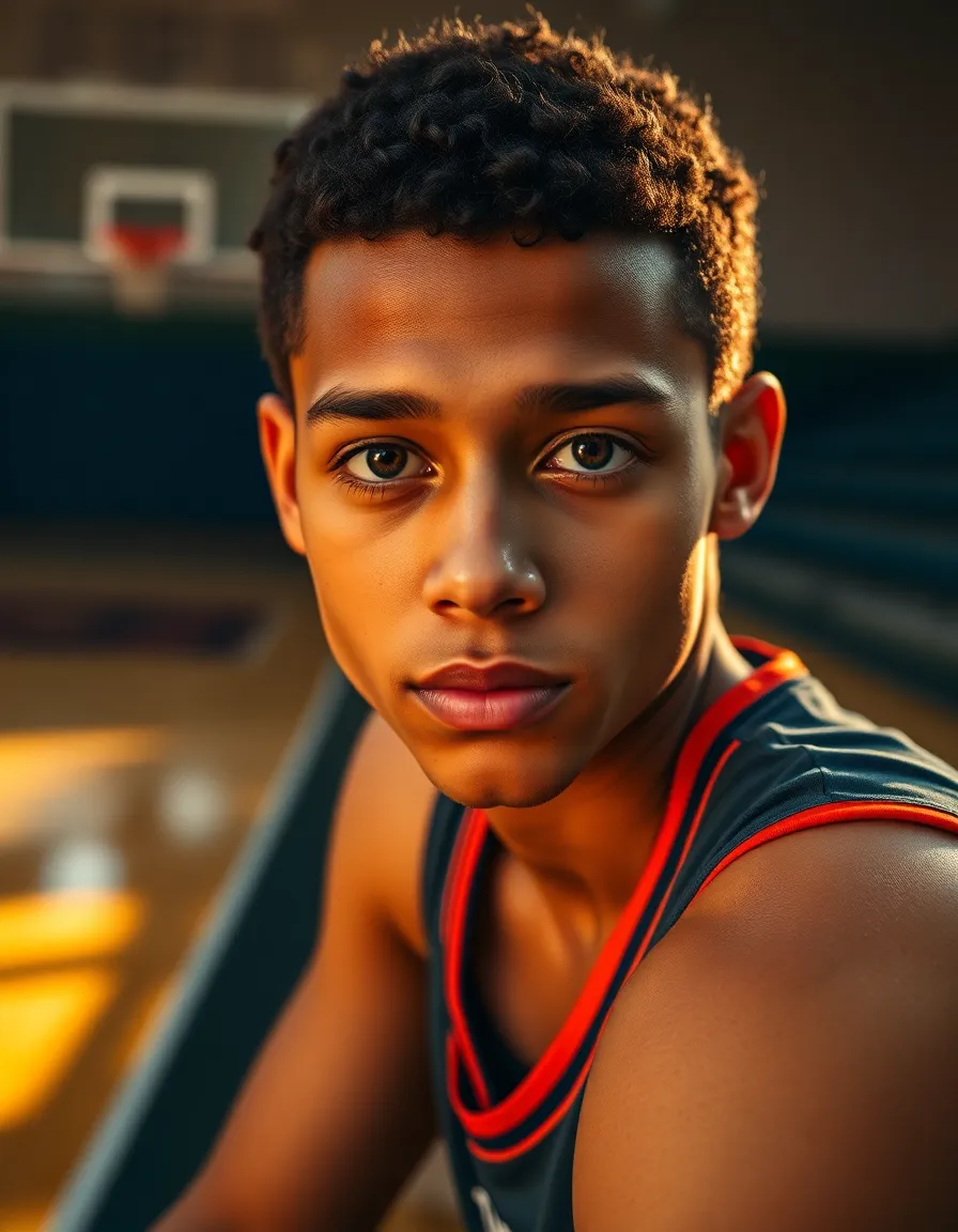 This intimate portrait captures a young basketball player deep in thought while sitting on the bench, illuminated by the warm glow of golden hour light. The gentle backlighting outlines their features, highlighting a sense of anticipation and focus. Subtle textures in their jersey and the wooden bench add depth, making the viewer feel connected to this moment. The blurred background of the court conveys the environment while keeping attention on the player's contemplative expression.