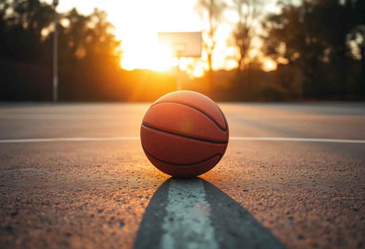 A vibrant scene of a basketball game during golden hour, with players intensely focused on the action. The warm backlighting creates a halo effect around each player, enhancing the dynamic atmosphere. The depth of field captures both the texture of the basketball and the vivid colors of the players' jerseys. The leading lines of the court draw the viewer's eye towards the action at the basket.