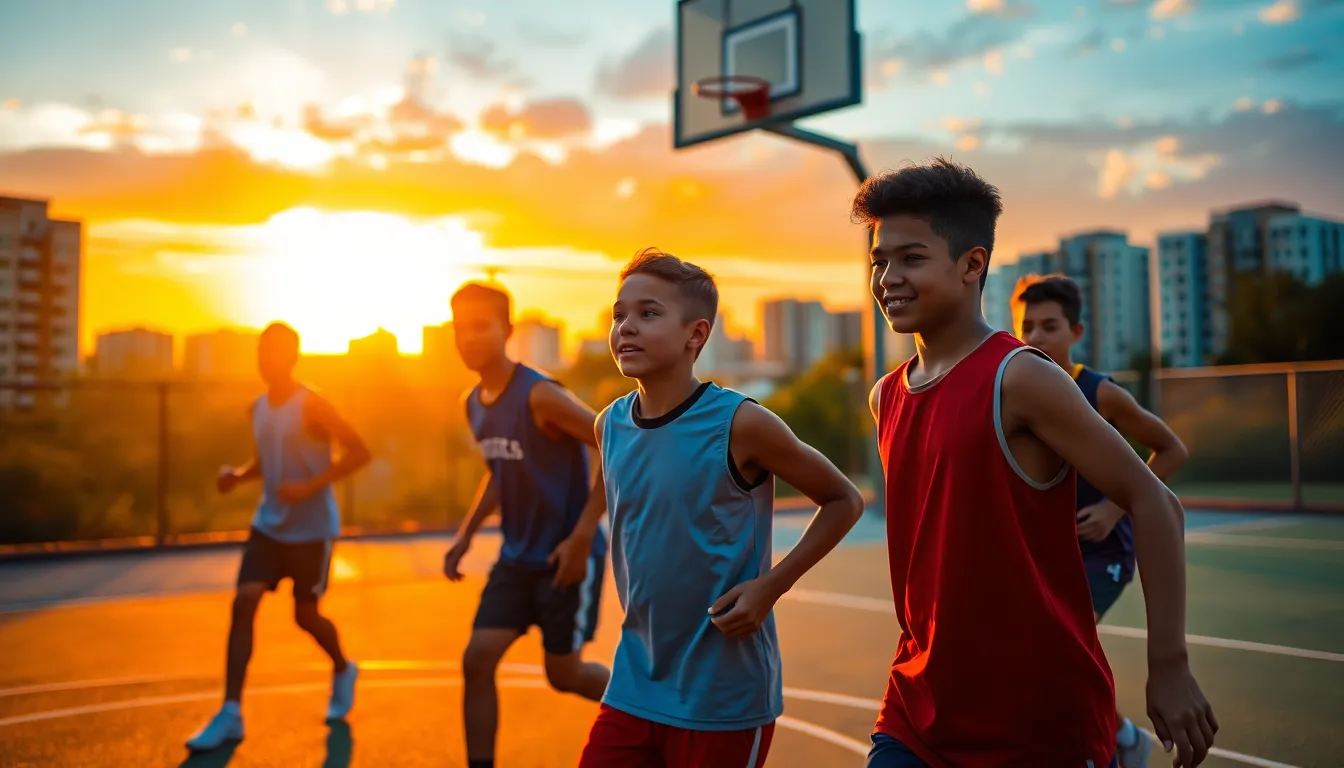 Young Players Practicing Basketball at Sunset This vibrant image captures the joy of youth basketball practice on an outdoor court during a stunning sunset. Golden hour backlighting creates a beautiful rim light around the young athletes, enhancing their silhouettes against a softly blurred cityscape. The warm oranges and calming blues create a serene yet energetic atmosphere, while the shallow depth of field keeps the players in focus. This candid shot embodies the spirit of teamwork and growth in sports.