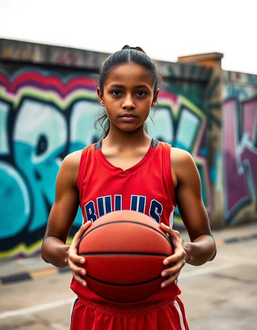 In this portrait, a young female basketball player stands confidently against a colorful urban backdrop, showcasing her team spirit. The soft daylight accentuates her features and the texture of her basketball jersey, while the blurred graffiti adds a lively context. Her focused expression reflects determination and passion for the sport. The warm tones and shallow depth of field enhance the intimate feel of the moment, creating a connection with the viewer.