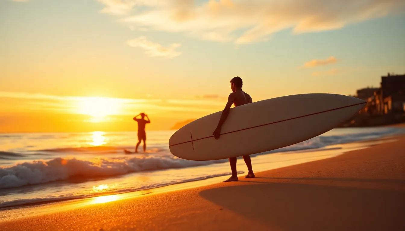 Surfer Paddling into Vibrant Sunset