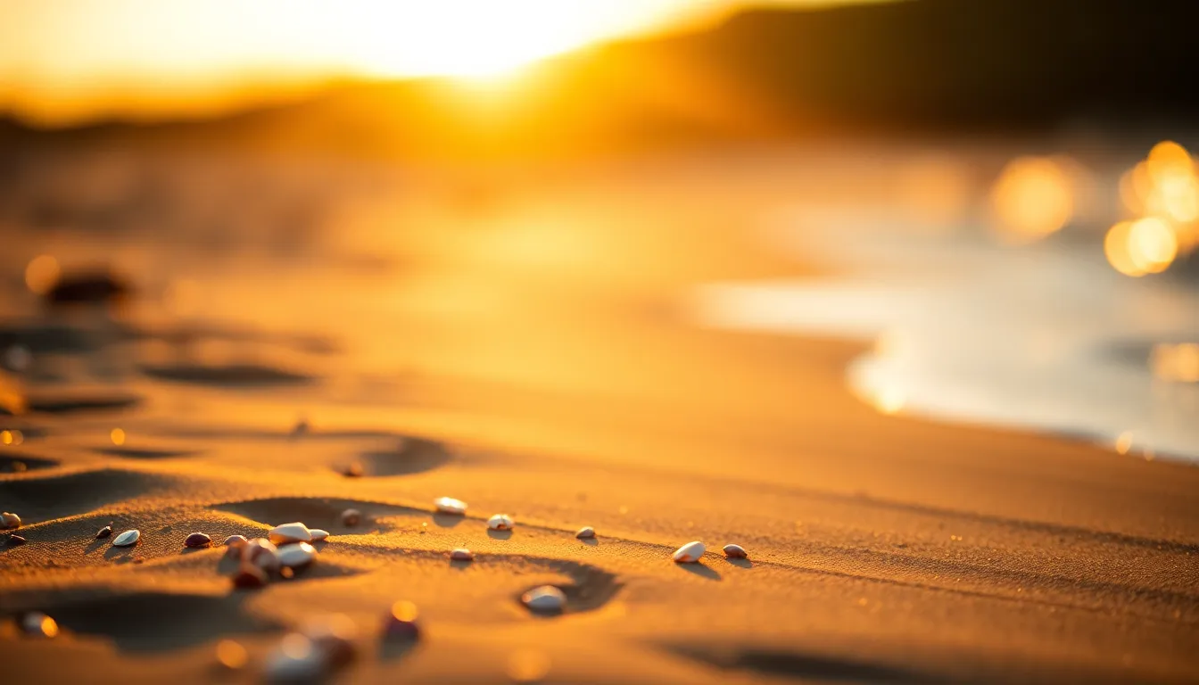 A serene beach scene during golden hour showcases a young woman lounging on a colorful beach towel. The warm rim light creates a soft glow around her as she reads a book, with gentle waves softly lapping at her feet. The composition features rich blue ocean hues contrasted by the vibrant colors of the towel, enhancing the tranquil yet lively atmosphere. Dappled sand texture displays small seashells, making this the perfect summer escape.