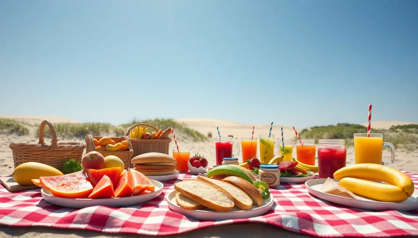 This lively beach picnic scene is spread out on a classic checkered blanket, featuring an array of colorful fruits and delicious sandwiches. Bright sunlight bathes the setup, accentuating the vibrant colors and inviting textures of the food. The backdrop of lush green dunes contrasts beautifully with the azure sky, creating a festive and welcoming atmosphere. The composition emphasizes the abundance of food, suggesting a beautiful day by the beach.
