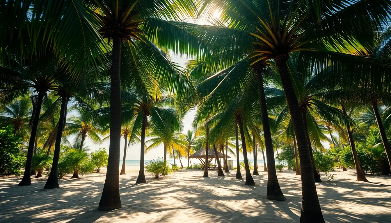 A picturesque beach scene is framed by lush palm trees, capturing the essence of tropical paradise. Dappled sunlight filters through the leaves, creating beautiful patterns of light and shadow on the sand. The rich greens and sandy tones evoke a vibrant and inviting atmosphere, while the centered symmetrical composition draws the viewer’s eye toward the serene shoreline, making it the perfect escape.