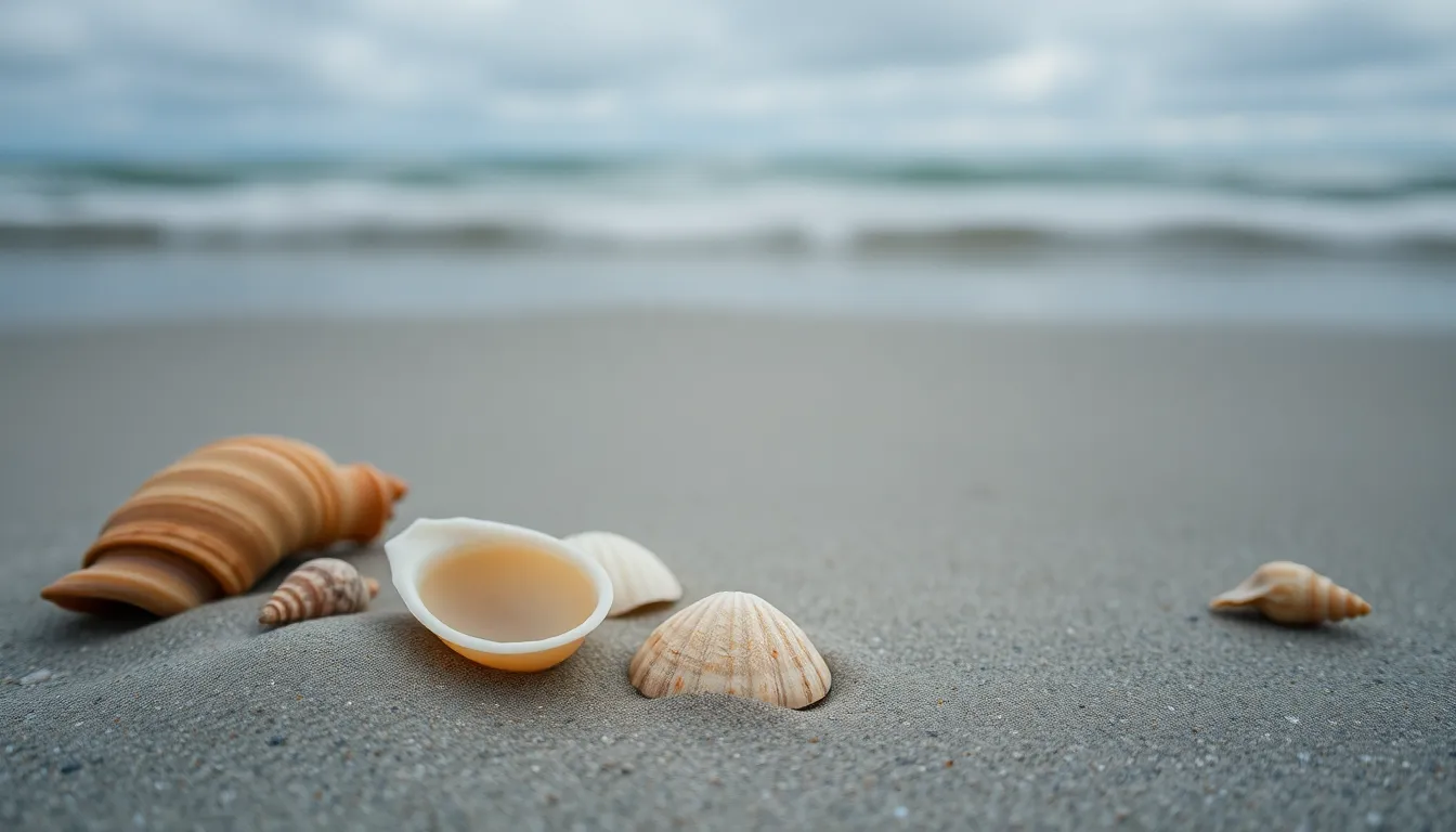 Intricately detailed seashells are artfully arranged on wet sand, capturing the essence of a peaceful beach atmosphere. The overcast sky provides diffused natural light, rendering muted blues and soft greys that evoke a calm mood. With hyperfocal sharpness extending from the seashells to distant, softly blurred waves, this image invites viewers to connect with nature’s beauty in a serene coastal environment.