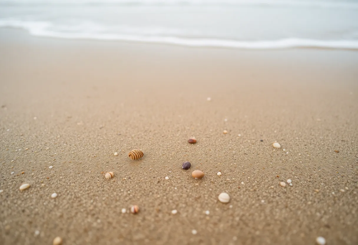 Intricate Patterns on Sandy Beach Shore This macro shot highlights the delicate beauty of intricate sand patterns left by retreating waves. The soft, diffused overcast light enhances the texture of the wet sand and scattered shells, creating a serene and calming effect. With hyperfocal distance, every detail is captured, drawing viewers into the natural beauty of the beach shore. The muted earth tones reflect the tranquility of the moment, making it a perfect representation of coastal serenity.