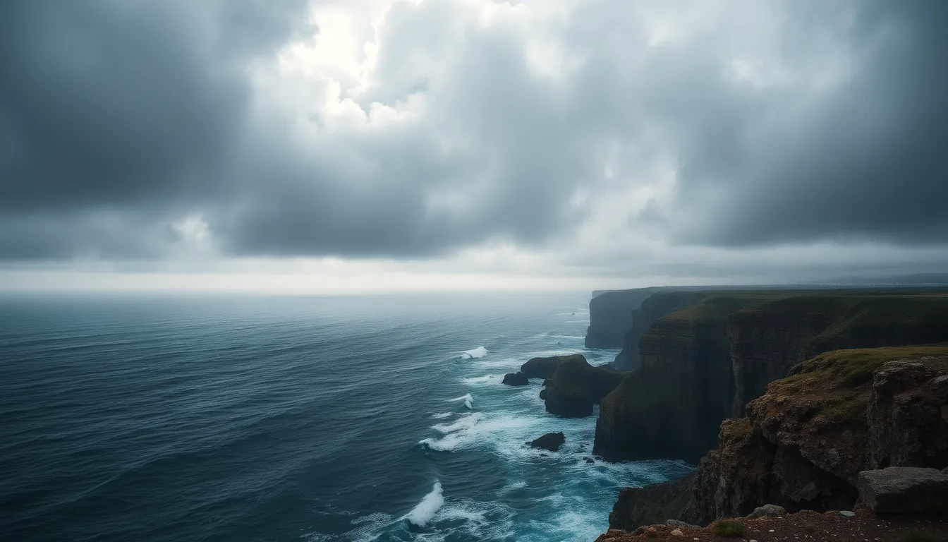 This breathtaking coastal image captures the raw power of nature on a stormy afternoon. Dark, dramatic clouds hang low in the sky, casting a moody light across the turbulent ocean waves crashing against craggy cliffs. The use of hyperfocal distance showcases the intricate textures of both the cliffs and the sea, while the rich color palette of deep blues and greys enhances the dramatic atmosphere. It's a powerful representation of the beach's untamed beauty.