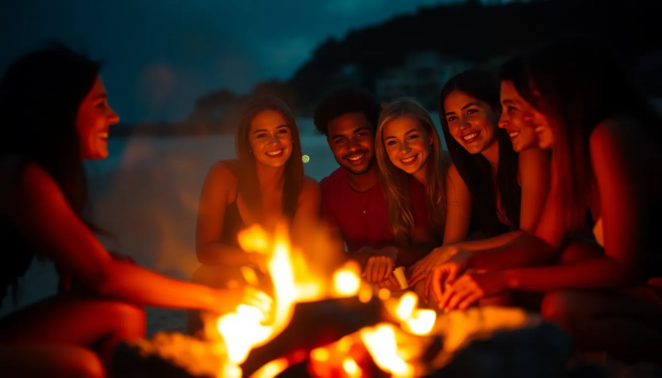 This captivating image captures a lively beach bonfire gathering at twilight, with friends enjoying warmth and camaraderie around the glowing fire. The flickering light casts a cozy ambiance, illuminating their smiles and creating rich shadows. The combination of enthusiastic camaraderie and the tranquil beach backdrop provides a striking contrast. With cinematic teal and orange tones, the scene invites viewers to feel the joy and warmth of a memorable evening by the sea.