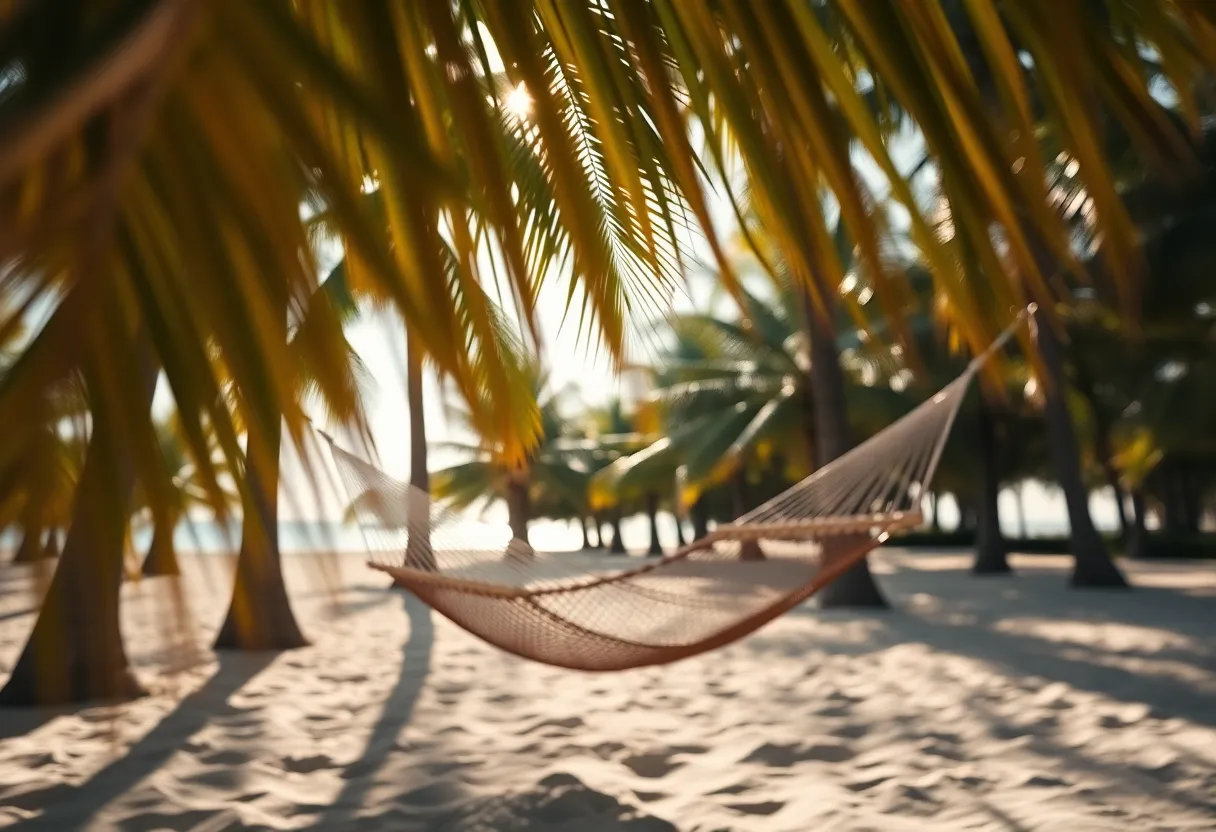 This idyllic scene features a beach hammock draped between two palm trees, basked in dappled sunlight. The soft shadows create a serene ambiance, perfect for relaxation. The warm, earthy color palette enhances the inviting nature of this tropical escape, making it a dream for beach lovers. The leading lines of the palm fronds draw the eye to the hammock, embodying the essence of leisure and tranquility by the sea.