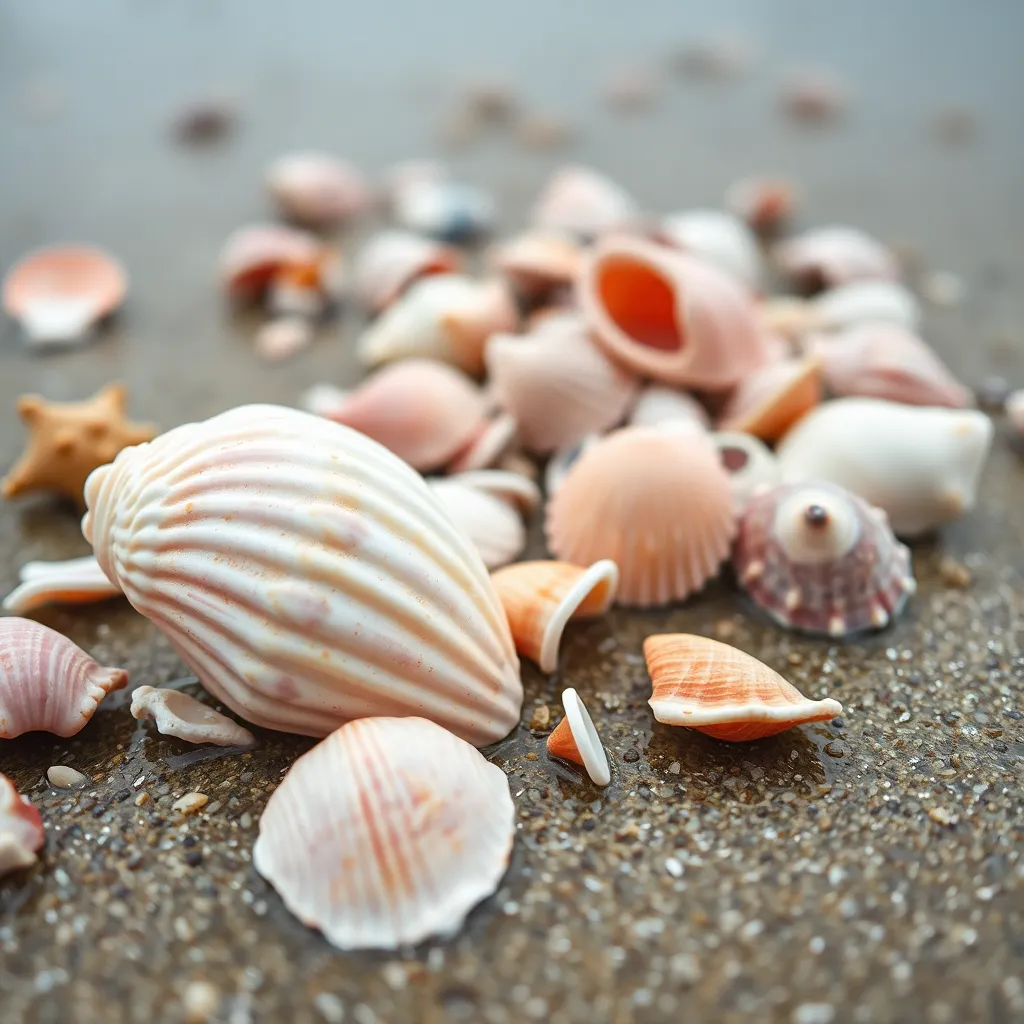 This striking close-up image features an assortment of vibrant seashells scattered along the shore. Captured on wet sand, the seashells display intricate textures and colors that draw the eye. Surrounded by soft pastel tones under overcast daylight, the scene evokes a peaceful coastal ambiance. The detailed focus on the shells contrasts with the blurred background, creating a pleasing visual balance that highlights nature's beauty.