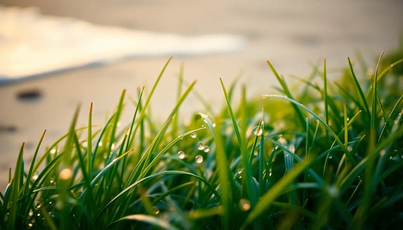 A tranquil scene of morning dew droplets perfectly captured on blades of grass at the beach. The soft light of dawn highlights the freshness, creating a feeling of calm and renewal. The shallow depth of field and leading lines draw the viewer's eye along the grass toward the gentle waves in the background. The desaturated earth colors and subtle textures of the wet grass contribute to the serene atmosphere, evoking the beauty of nature's details.