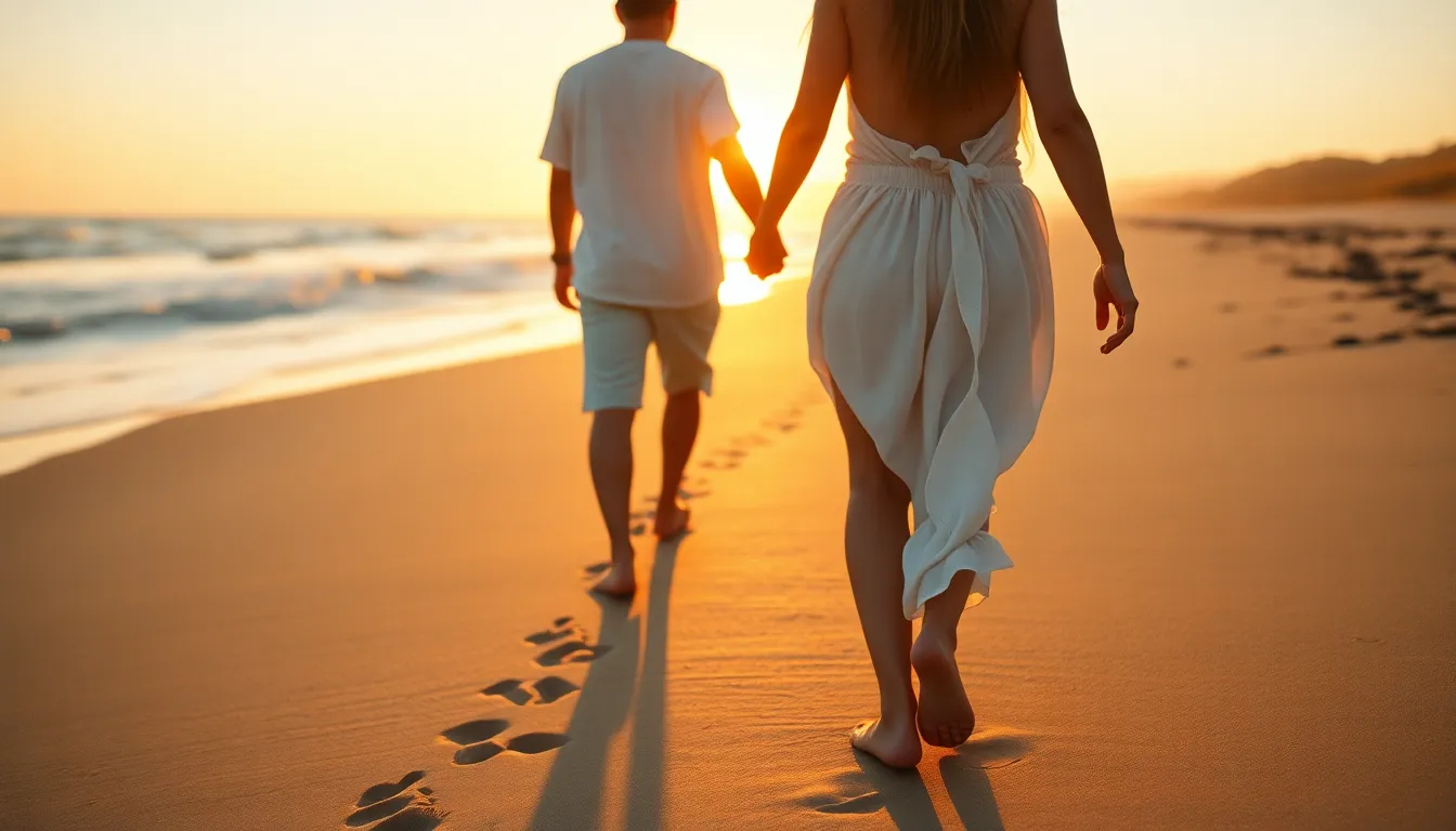 A romantic moment captured during golden hour, as a couple strolls hand-in-hand along a secluded beach. The warm backlighting beautifully illuminates their features, while soft bokeh surrounds them, creating an intimate atmosphere. Their footprints trail behind them in the fine golden sand, leading the viewer's eye toward the picturesque sunset. The colors evoke a feeling of warmth and closeness, perfect for a love story.