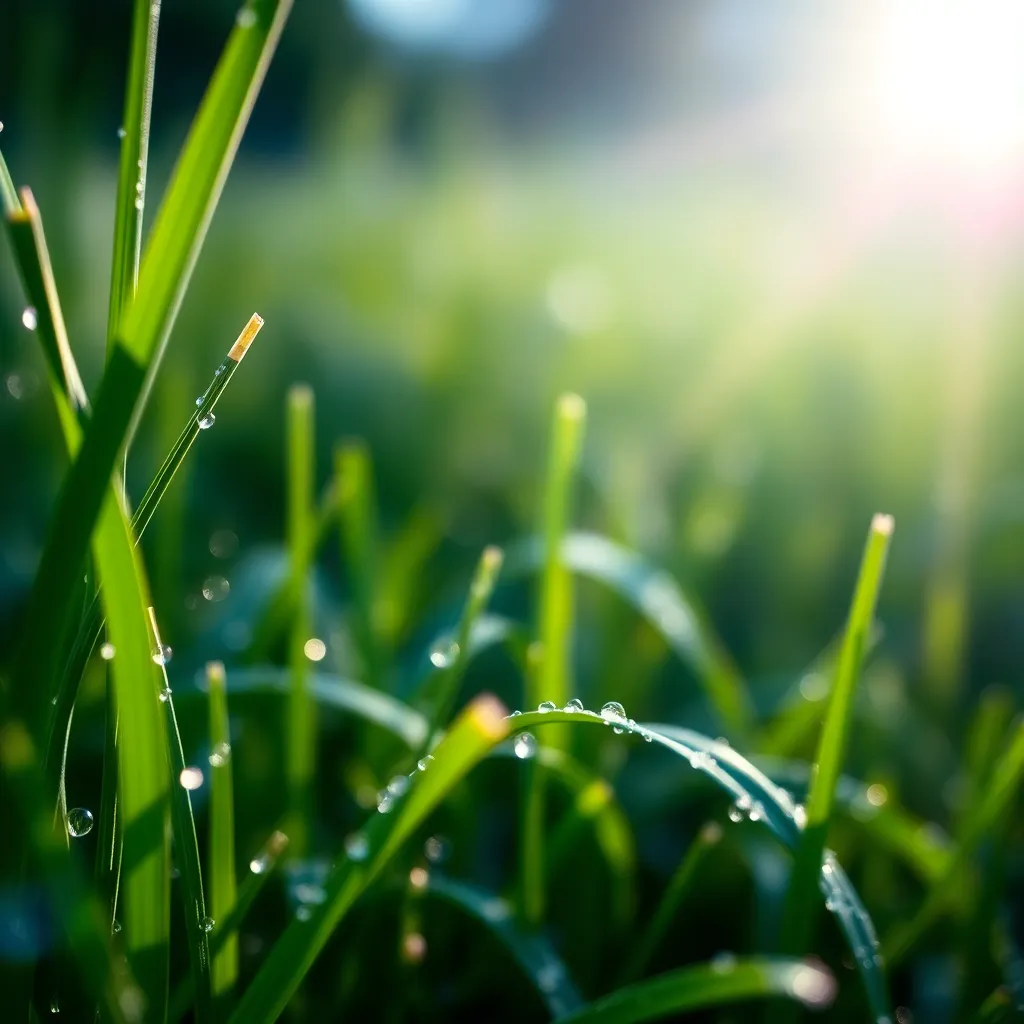This macro shot highlights the delicate beauty of dew-covered grass blades at dawn on the beach. Morning light creates a magical sparkle as the droplets catch the light, enhancing the vibrant colors of the grass. The hyperfocal distance ensures every detail is sharp, capturing the intricate textures of nature. The composition draws the eye to the dew-laden strands, inviting viewers to appreciate the subtle elegance of a beach morning.