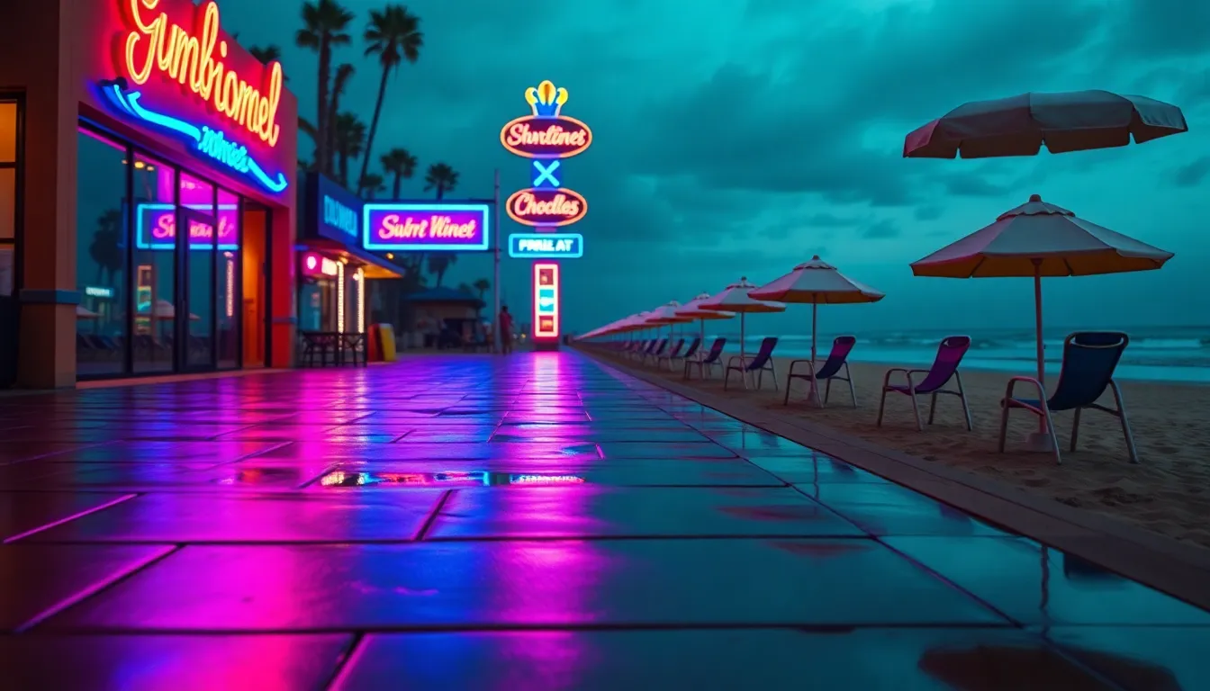 A lively beach scene at dusk, with neon umbrellas creating vibrant reflections on the wet pavement. The wet surface captures the colorful signs, enhancing the visual impact. The composition features leading lines from the chairs and umbrellas directing the viewer’s gaze towards the serene ocean waves. Butterfly lighting highlights the textures around, while the cinematic color grading adds an electric energy to the evening atmosphere.