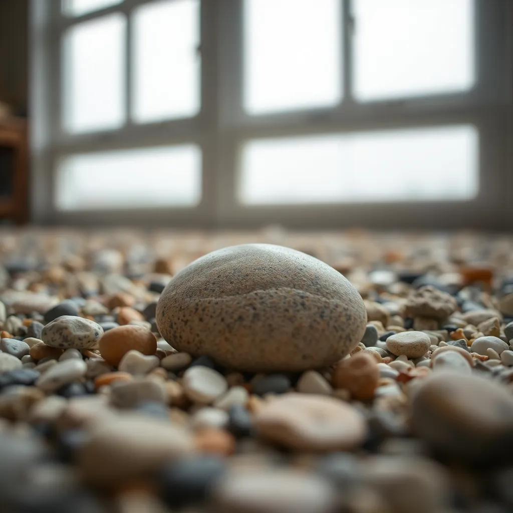 An intimate close-up of a unique beach pebble, showcasing its intricate textures and natural imperfections. The soft, diffused daylight creates a serene atmosphere, allowing the viewer to appreciate the details that often go unnoticed. The muted color palette emphasizes the earthy tones of the pebble, inviting a sense of calm and contemplation. Its centered position creates a harmonious and focused composition.