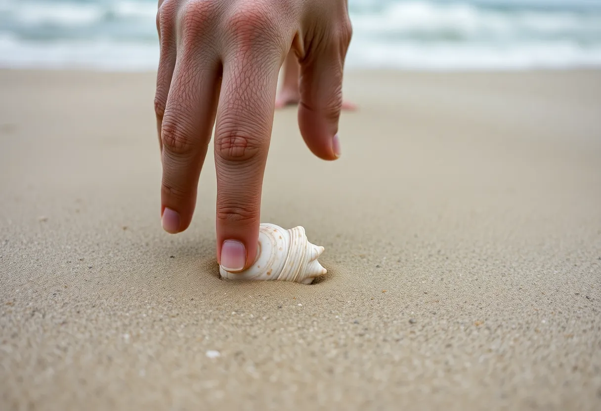 A beachcomber is captured in a thoughtful moment, reaching down to collect a unique seashell on the sandy shore. The midday overcast sky creates a soft light that highlights the natural textures of the sand and shell. The shallow depth of field draws attention to the intricate details of the seashell, while the gentle waves of the ocean softly blur in the background. This serene scene captures a moment of curiosity and connection with nature on a peaceful beach.