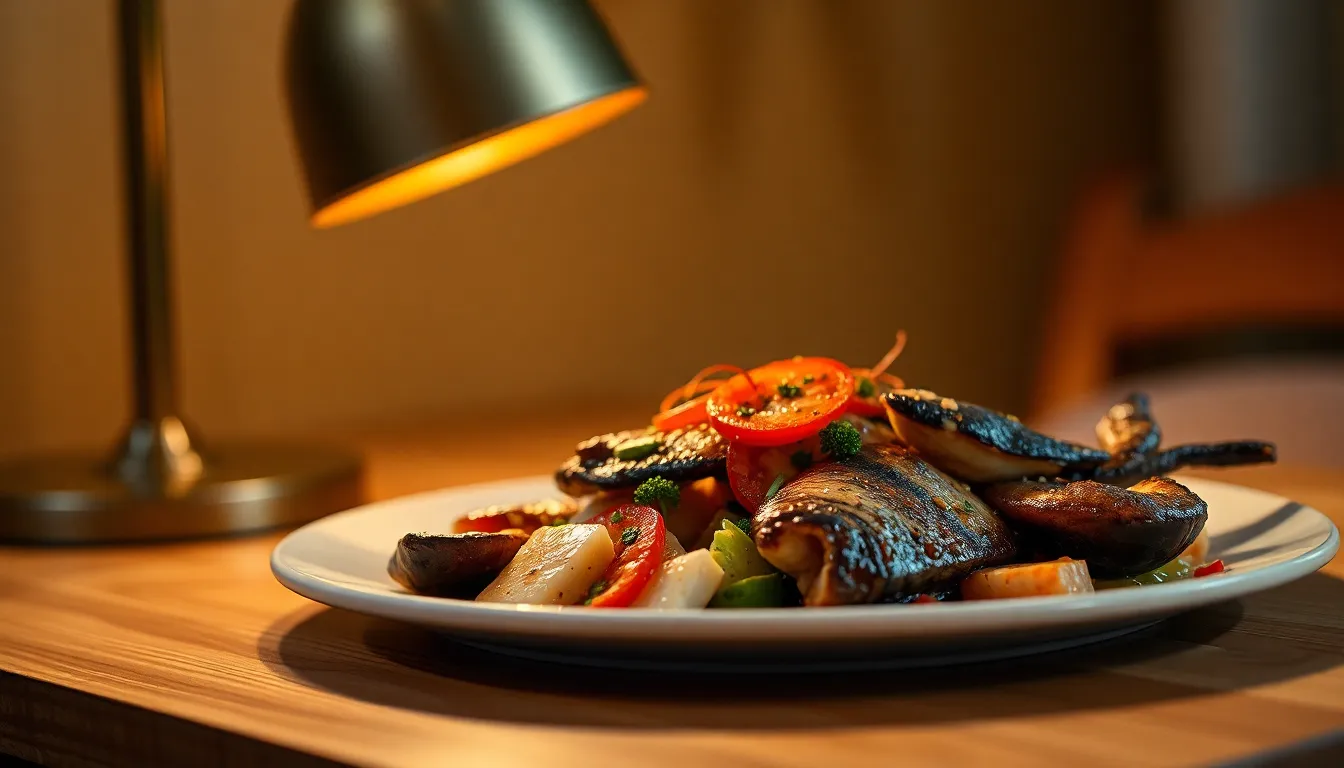 An exquisite seafood dish elegantly presented on a rustic wooden table at the beach. The warm light from a nearby lamp highlights the freshness of the seafood, with moisture glistening on the surface. Each ingredient is artfully arranged, showcasing the vibrant colors and textures. This scene evokes a sense of indulgence and relaxation, perfect for a beachside dining experience.