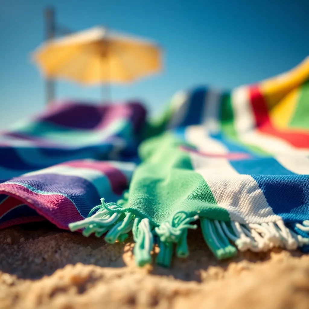 This enticing close-up image showcases a vibrant arrangement of beach towels laid out on sun-kissed sand. The rich colors of the towels pop beautifully against the muted background, inviting viewers to imagine a perfect day at the beach. Textural details including the fibers of the towels and grains of sand enhance the scene's realism. The warm lighting adds a cozy atmosphere, evoking feelings of summer relaxation and fun.