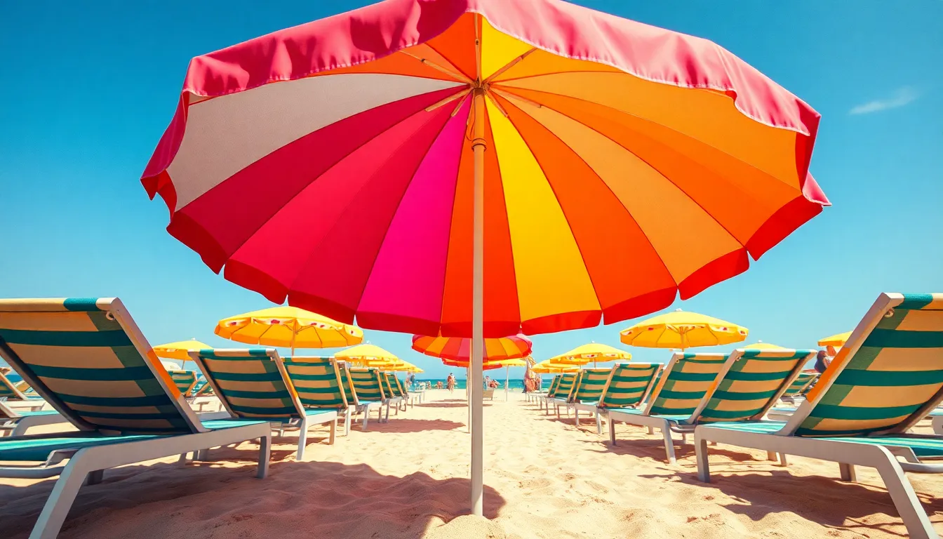 Colorful Beach Umbrella and Lounge Chairs