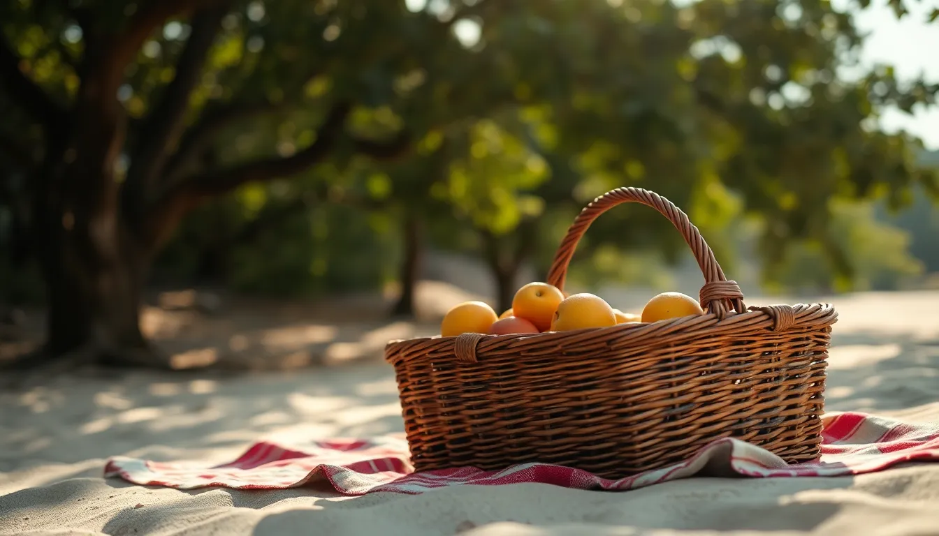 This inviting beach picnic scene captures a woven basket filled with fresh fruits resting on a vintage blanket spread across the soft sand. Dappled sunlight filtering through nearby trees creates lovely bokeh highlights, enhancing the relaxing summer vibe. The composition, focused on the picnic setup, invites viewers to imagine themselves enjoying a leisurely day on the beach. Muted earth tones complement the setting, creating a cozy and inviting atmosphere.