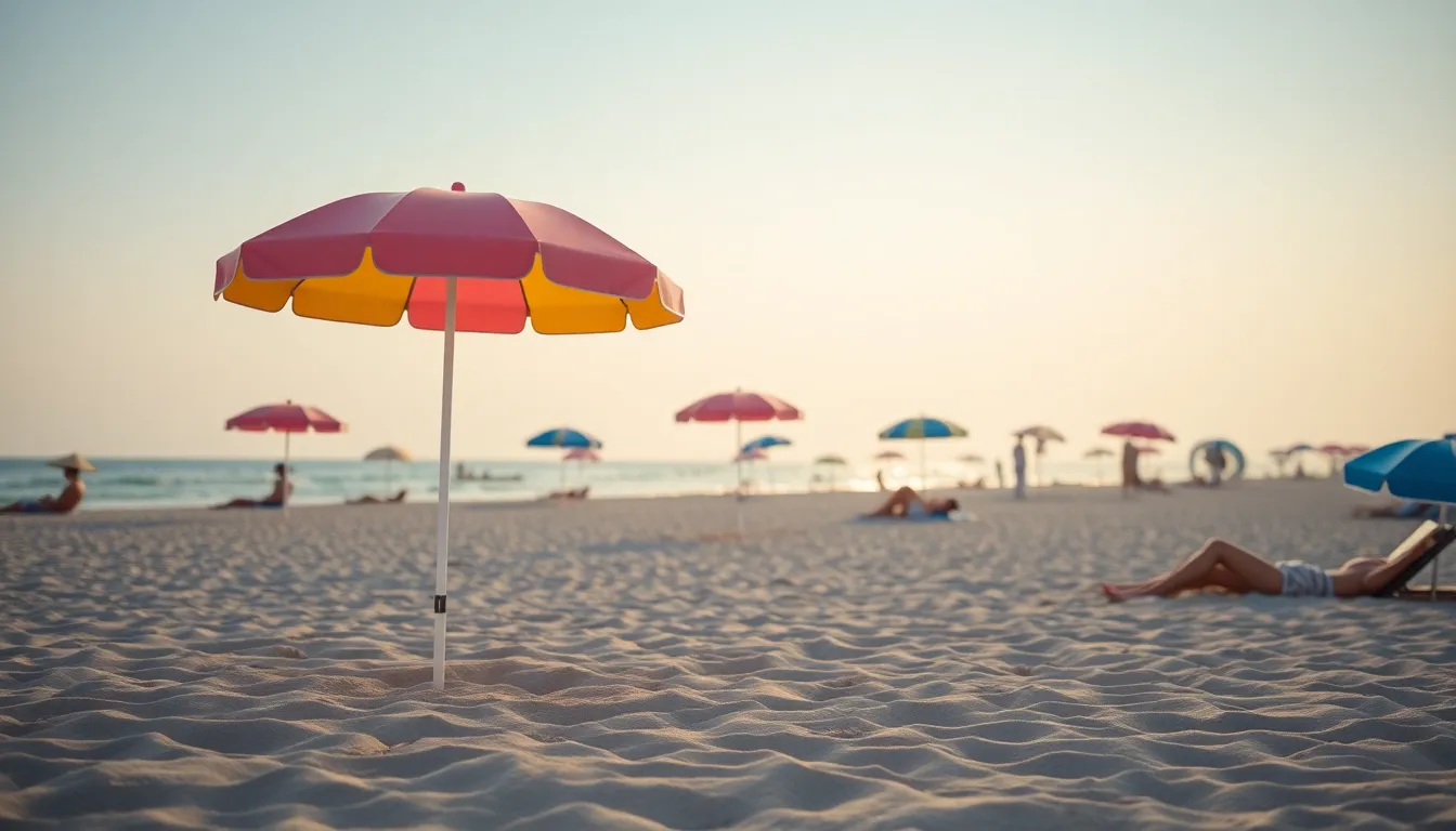 This serene beach photograph captures a quiet morning scene featuring colorful beach umbrellas and relaxed sunbathers. The soft morning light enhances the pastel hues of the scene, creating a calming atmosphere perfect for unwinding. With a shallow depth of field and a composition that balances the colorful umbrellas against the sandy beach, this image conveys a tranquil and inviting beach experience.
