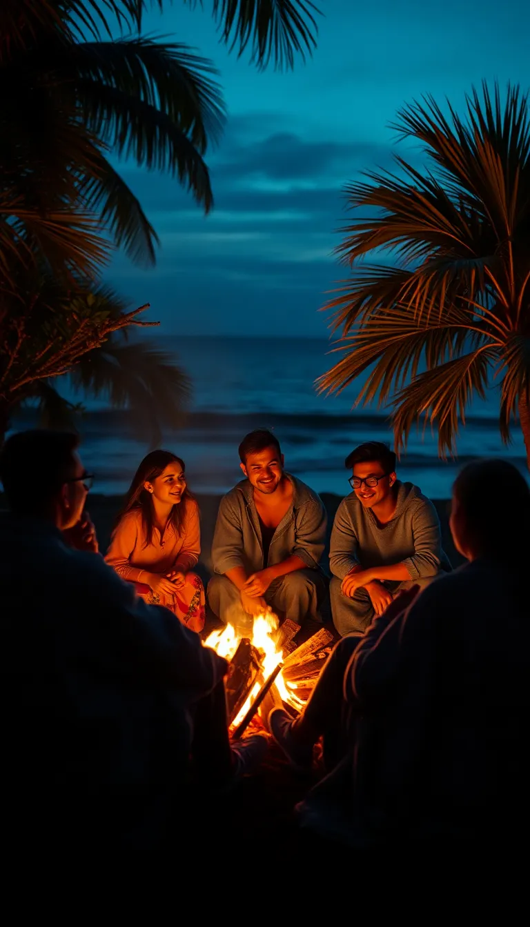 A group of friends enjoys a cozy evening around a bonfire on the beach, with warm firelight illuminating their faces and warm blankets. The twilight sky transitions from deep blue to rich orange, creating a captivating backdrop. Laughter fills the air as the friends engage in lively conversation, framed by the soft bokeh of tropical plants. This intimate and warm gathering invites viewers to share in a moment of joy and connection in a beautiful coastal setting.