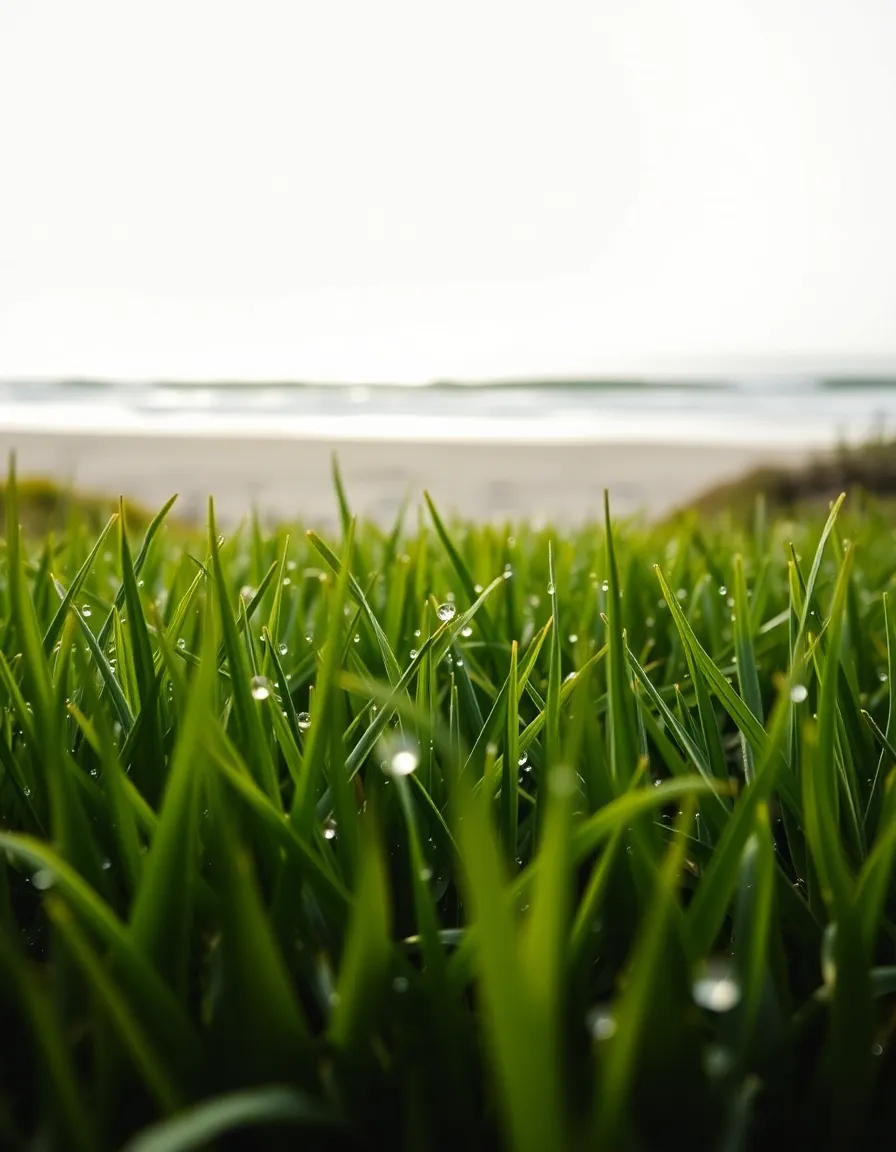 A refreshing morning scene showcasing dew-covered blades of grass swaying gently in the breeze. Each droplet catches the light, creating a sparkling effect that contrasts beautifully with the sandy beach in the background. The composition leads the eye toward the horizon, where the ocean meets the sky. Natural muted tones enhance the fresh and invigorating feel of the early morning by the beach.