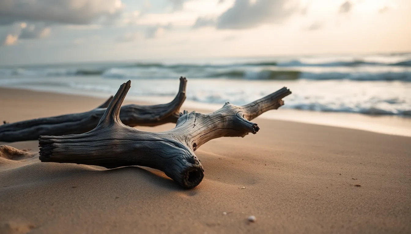 An early morning scene at a tranquil beach showcases soft waves lapping against the shore, framed by weathered driftwood. The soft diffused daylight creates a peaceful ambiance, accentuating the desaturated earth tones of the sand and wood. Gentle clouds in the sky add to the serene atmosphere, while the sharp texture of wet sand reflects the soft light. The leading lines of the driftwood invite the viewer into this calming coastal landscape.