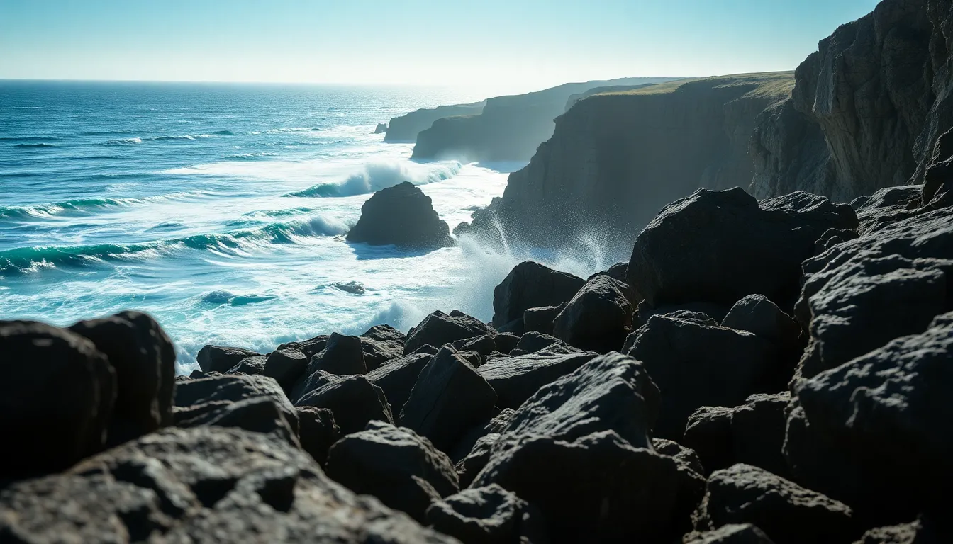 This dramatic coastline photograph showcases rugged cliffs with turbulent waves crashing fiercely against the rocks. Captured with midday sun, the strong lighting enhances the powerful textures and colors of the scene. The composition draws the eye along the leading lines of the waves and cliffs, while the shallow depth of field isolates the foreground, adding intensity to this stunning maritime moment.
