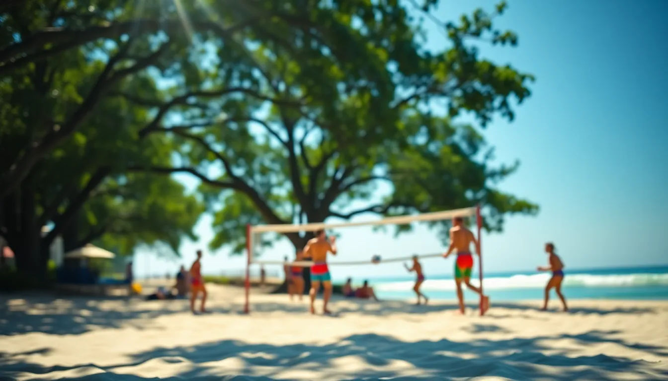 A dynamic scene captures a group of friends playing beach volleyball, laughter and energy radiating from their joyful expressions. Dappled sunlight creates a beautiful interplay of light and shadow, enhancing the vibrant colors of the beach setting. The composition, focusing on their movement, highlights the textures of the sand being kicked up as they dive for the ball. This moment embodies the spirit of fun in the sun.
