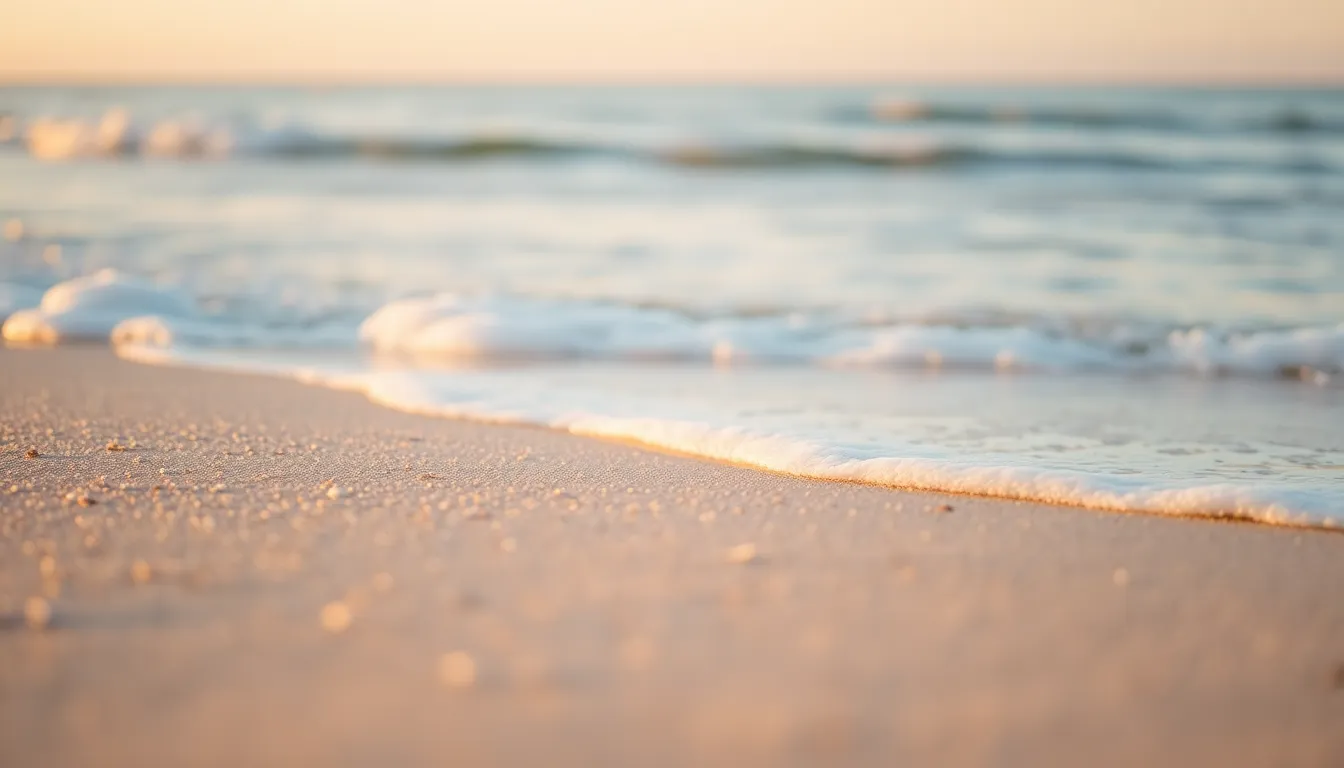 Serene Dawn at a Tranquil Beach This tranquil beach scene captures the essence of a peaceful early morning. Soft golden light bathes the shoreline, with gentle waves lapping at the sand, reflecting pastel dawn colors. The shallow depth of field enhances the dreamy atmosphere, creating a serene backdrop for relaxation. The fine grains of sand and delicate sea foam provide tangible texture, making viewers feel as if they can step right into the scene.