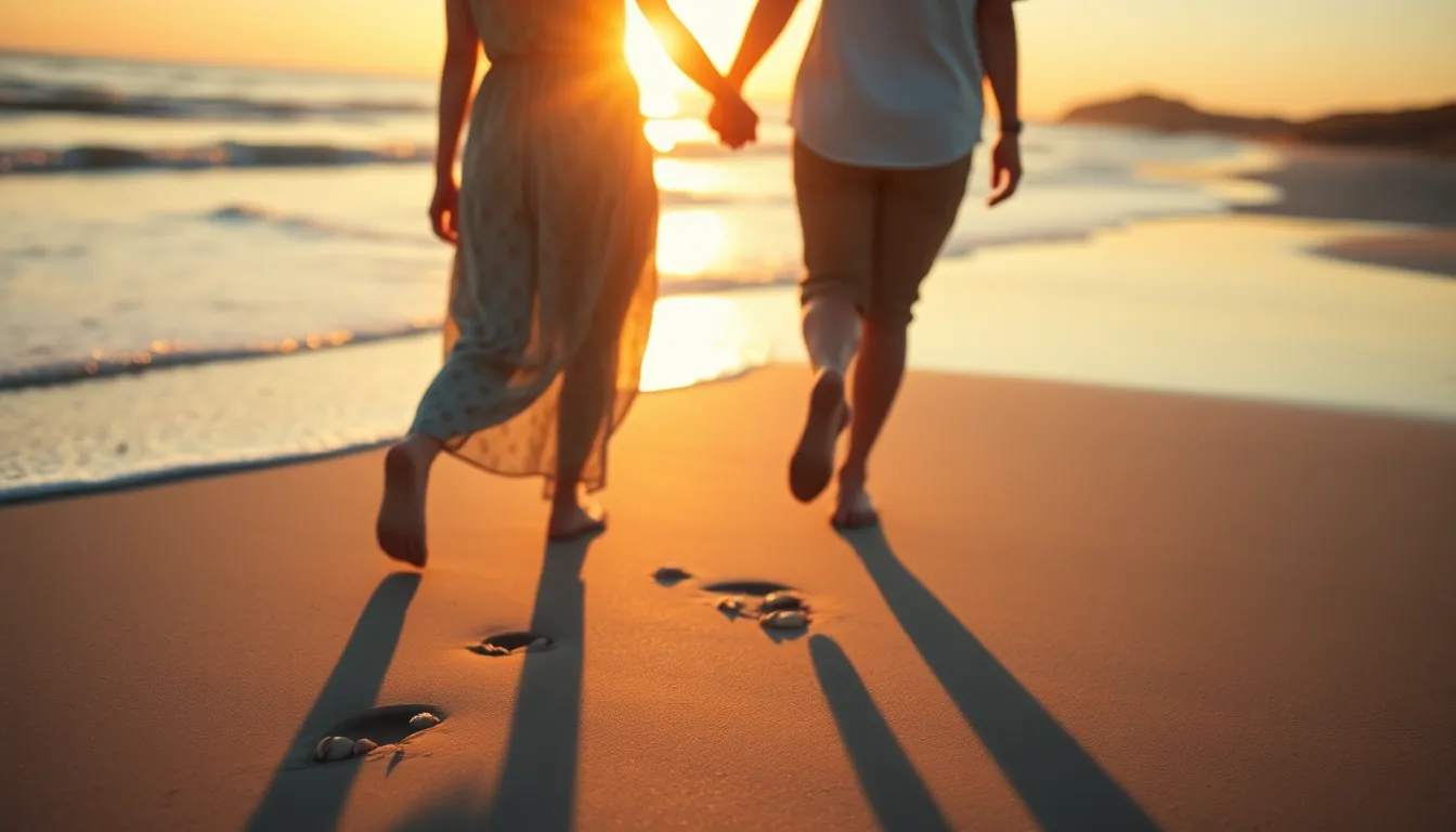 This captivating image captures a couple hand-in-hand at sunset on a serene beach. The warm golden light bathes the scene, creating a romantic atmosphere, while their footprints in the wet sand tell a story of love and togetherness. Soft bokeh enhances the dreamy feel, highlighting the gentle waves and scattered seashells. The warm color palette evokes feelings of nostalgia and tranquility.