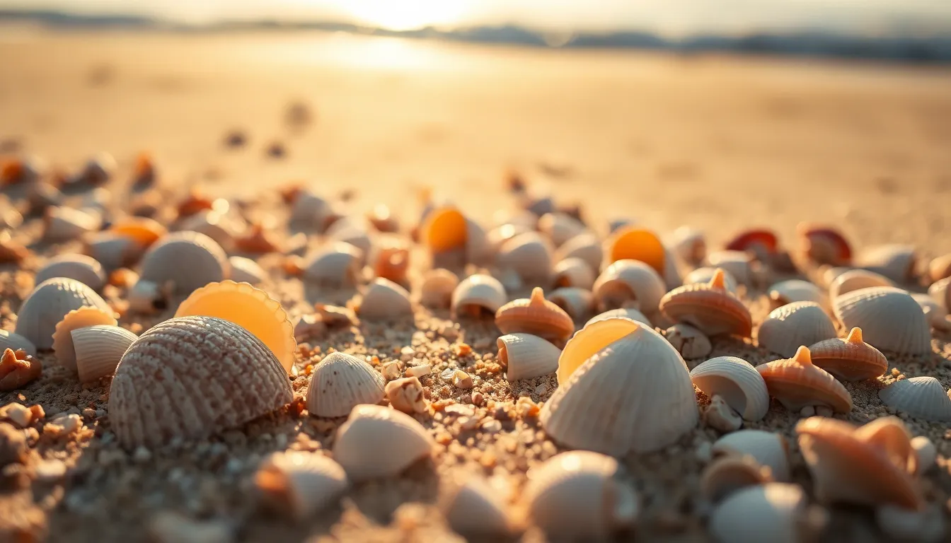 This image showcases a close-up view of beautifully detailed seashells scattered on a sunlit beach. The soft golden light enhances the texture and colors of each shell, creating an inviting and serene scene. A gentle bokeh of the ocean waves in the background adds depth, while the composition draws the viewer's attention directly to the intricate beauty of the shells. It's a perfect representation of the peacefulness found at the beach.