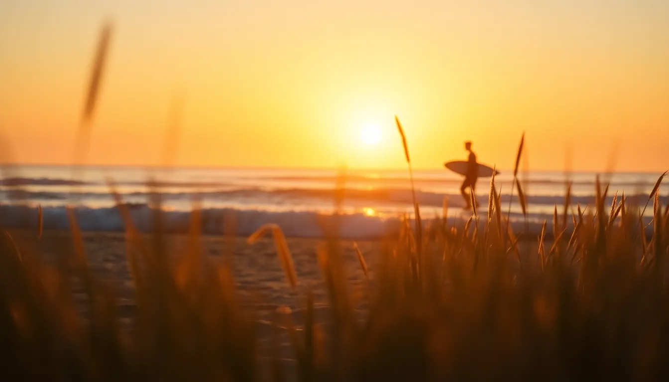 A serene beach scene captures a lone surfer silhouetted against a breathtaking sunset, highlighting the warm golden hues reflected on gentle waves. The soft bokeh of beach grass in the foreground adds depth, while the shallow depth of field emphasizes the carefree vibe of this tranquil ocean setting. The warm Kodak Portra color palette enhances the inviting atmosphere, making viewers yearn for a coastal escape.