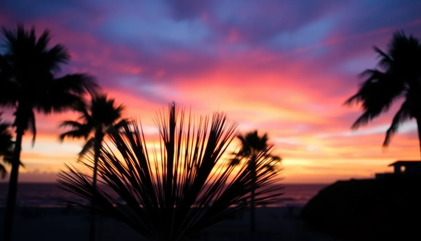 Dramatic Sunset Silhouettes at the Beach This striking image captures the vibrant hues of a beach sunset, with silhouettes of palm trees framing the colorful sky. The dramatic transition from deep purples to fiery oranges creates a breathtaking backdrop, evoking feelings of awe and tranquility. The shallow depth of field beautifully isolates the palms, with the ocean fading into a soft bokeh. The centered composition presents a harmonious balance, inviting viewers to immerse themselves in the beauty of this tropical paradise.