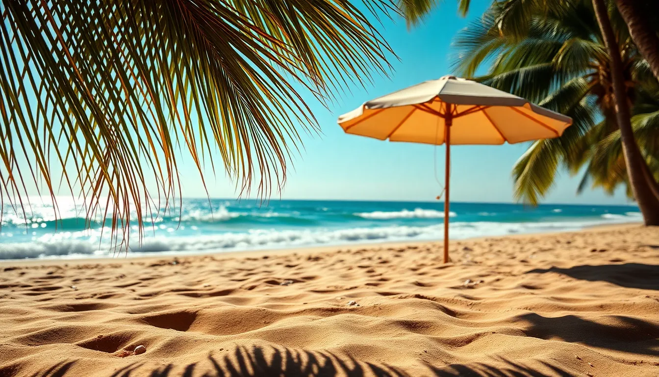 A vibrant tropical beach scene featuring a colorful beach umbrella set against a backdrop of lush palm fronds and shimmering ocean waves. The warm golden sand shows fine textures, while dappled sunlight creates playful shadows. This idyllic setting exudes a relaxed and inviting mood, enhanced by saturated colors that capture the essence of summer. The composition draws the viewer's eye through the rhythmic movement of waves in the background.