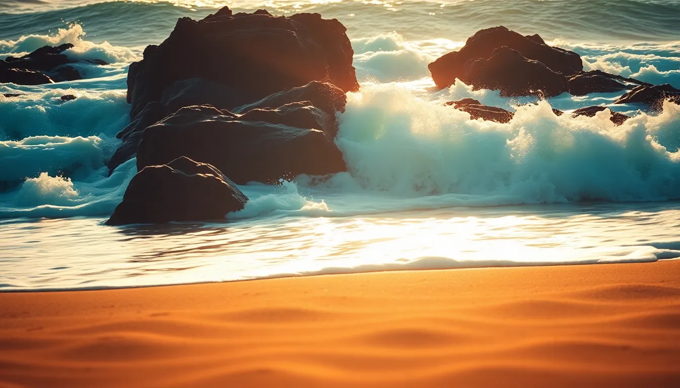 A dramatic beach scene showcases powerful waves crashing against dark rocks, illuminated by striking midday sunlight. The cinematic teal and orange color grading enhances the vibrant ocean colors, making the foam and sand pop. With leading lines guiding the viewer’s gaze toward the tumultuous seascape, the image captures the raw energy and beauty of nature in a stunning coastal setting.