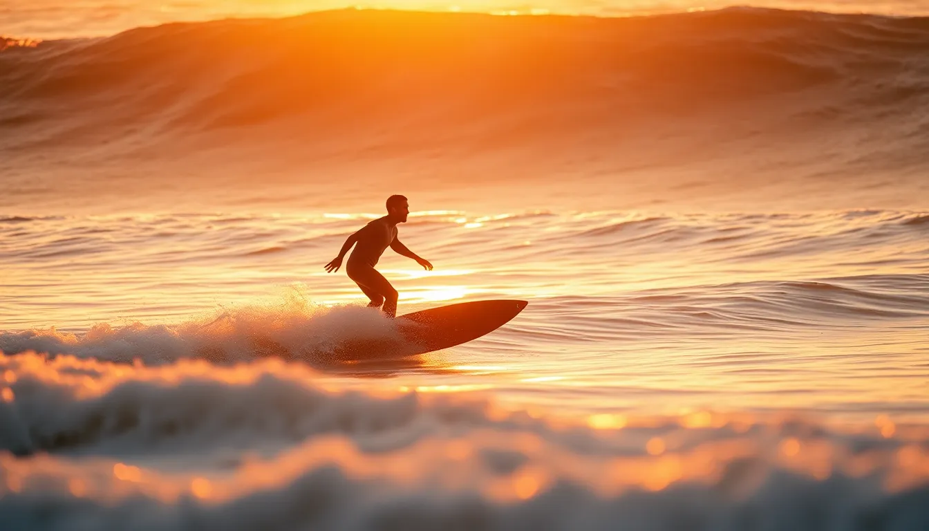 Surfer Riding Waves at Golden Hour